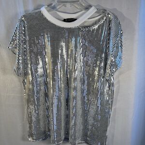 INC International Concepts Sequin Mesh Top Silver Shimmer Party Blouse L